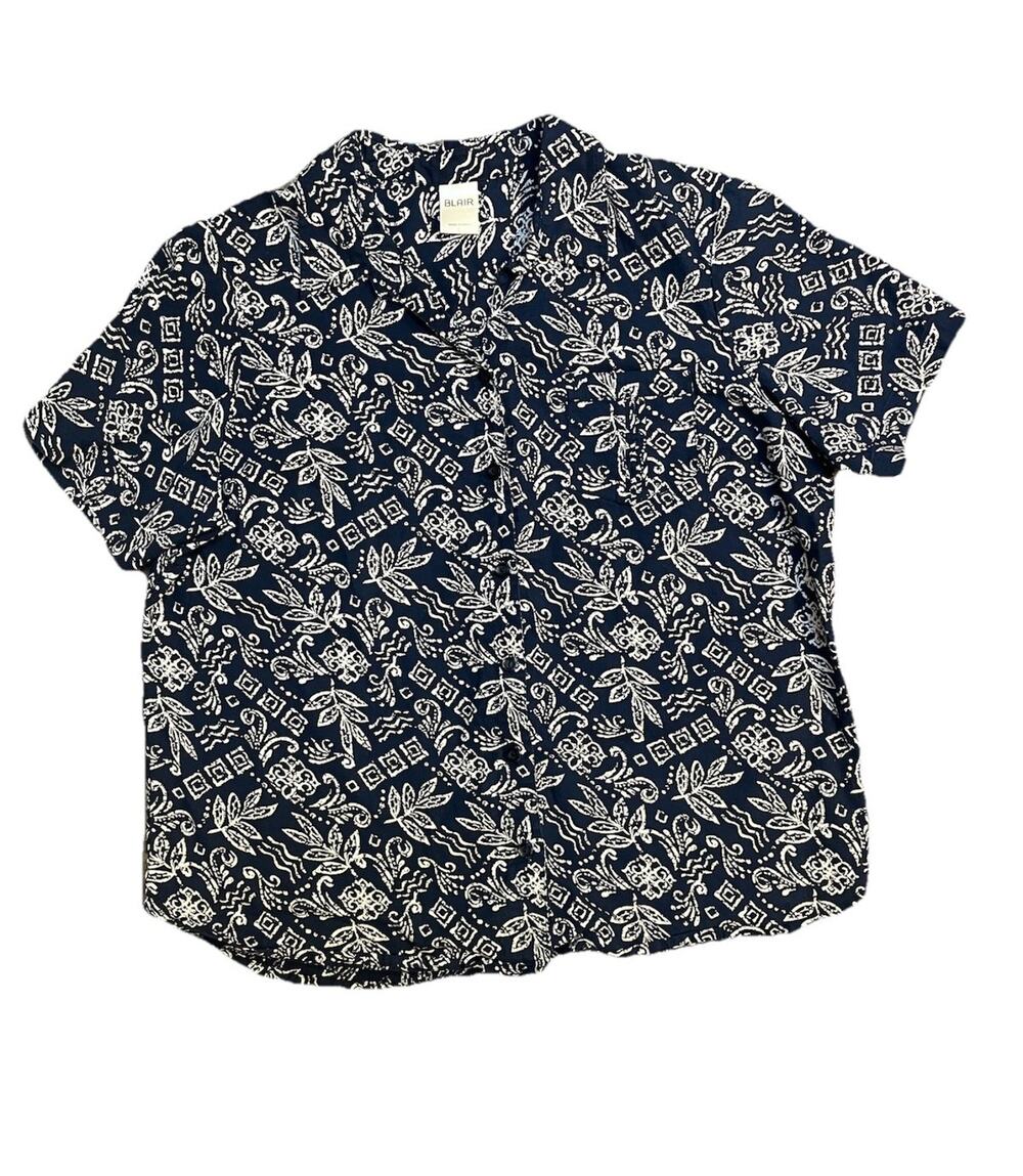 Blair Womens Large Blue White Floral Button Front Camp Shirt 100% Cotton Casual